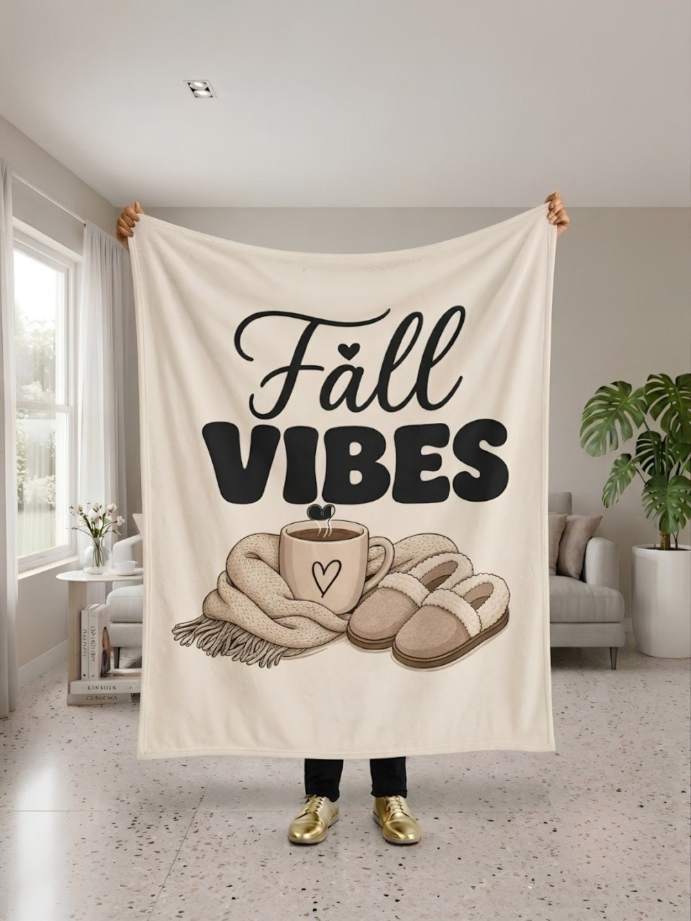 Cozy 'Fall Vibes' Cream Blanket - Neutral Autumn Decor